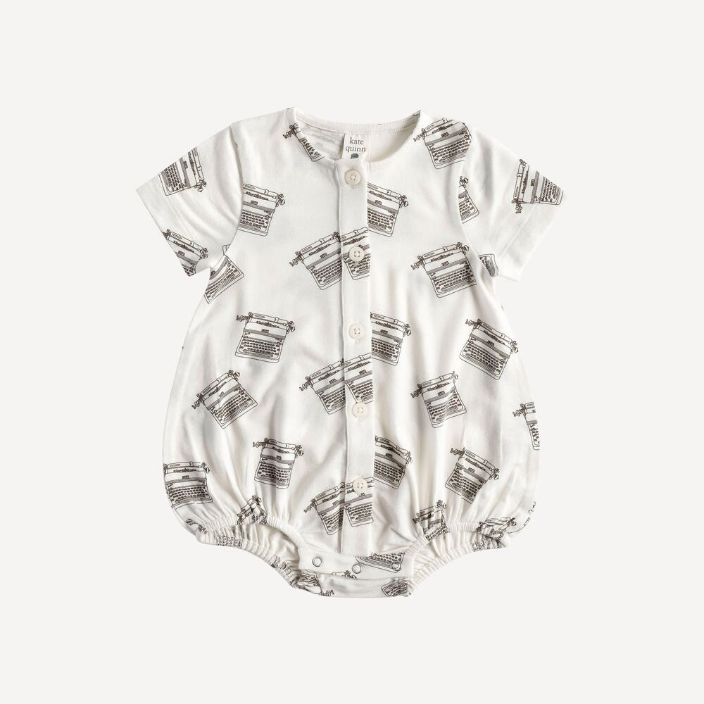 NWT Kate Quinn Typewriter Short Sleeve Button Front Bubble Romper Modal 3-6m